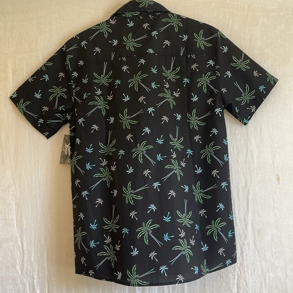 NWT original deluxe men/sz S button up pocket/blk/grn/turq/tan palm tree print - Picture 8 of 8